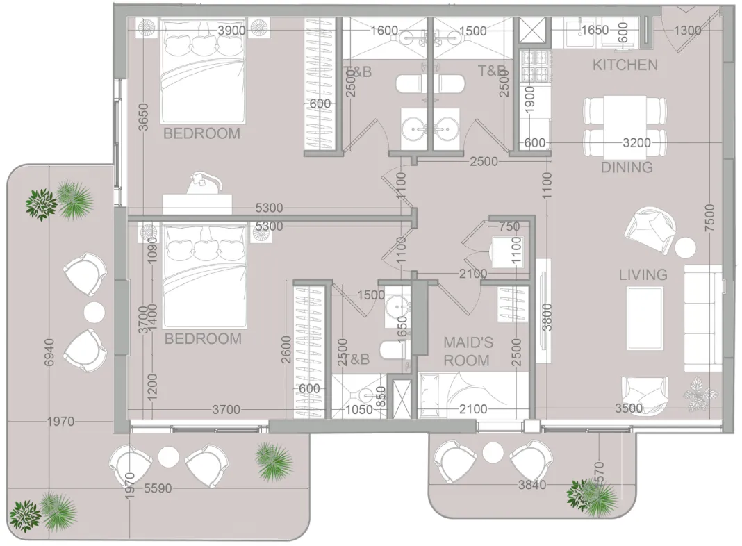 2 bedrooms floor plan