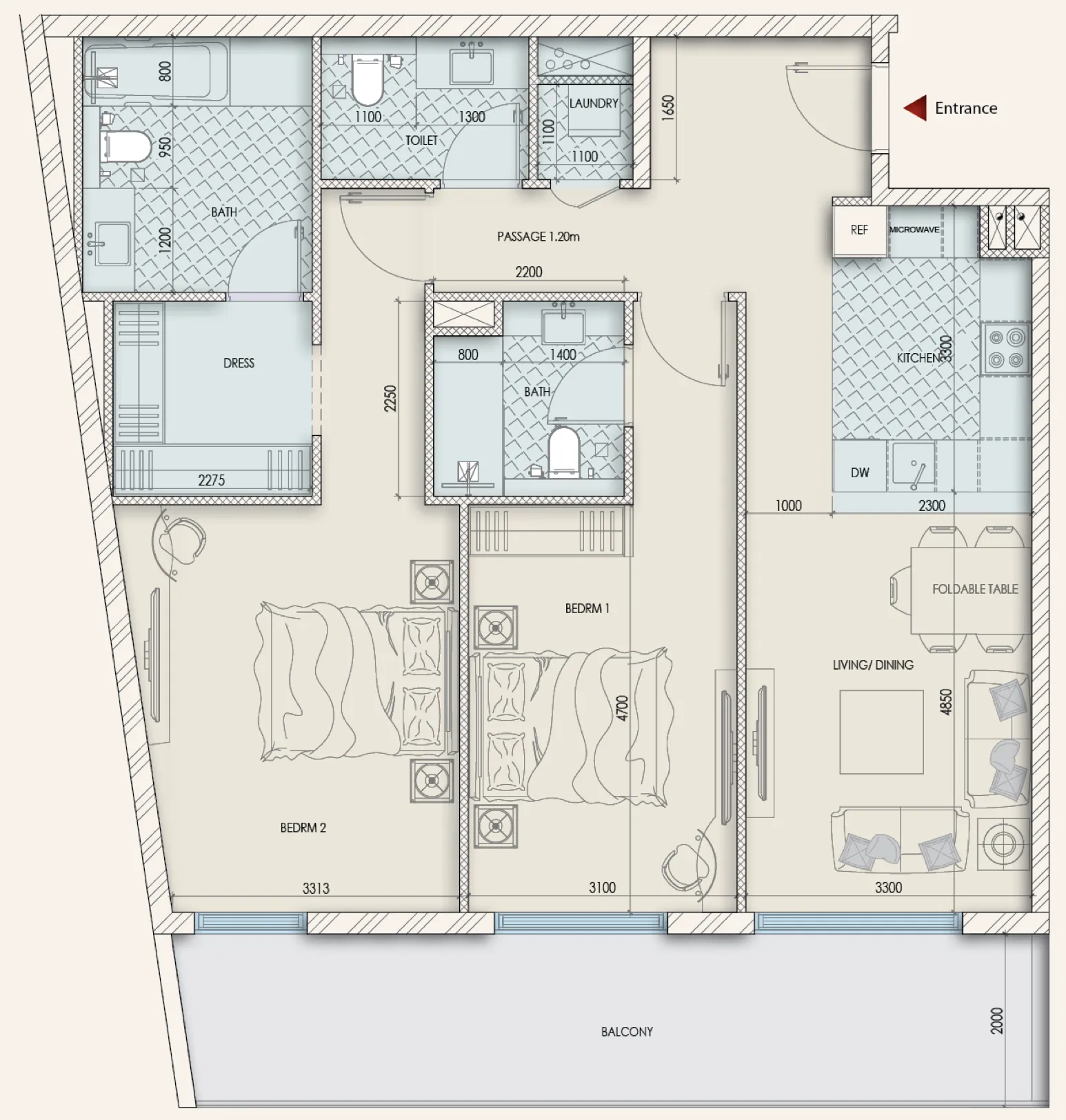 2 bedrooms floor plan