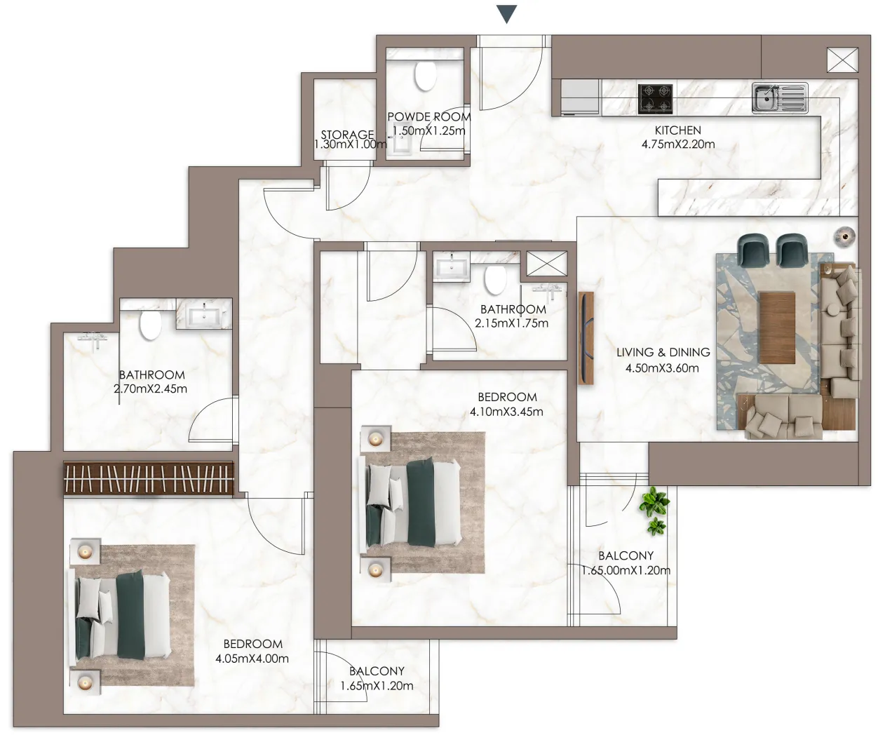 2 bedrooms floor plan