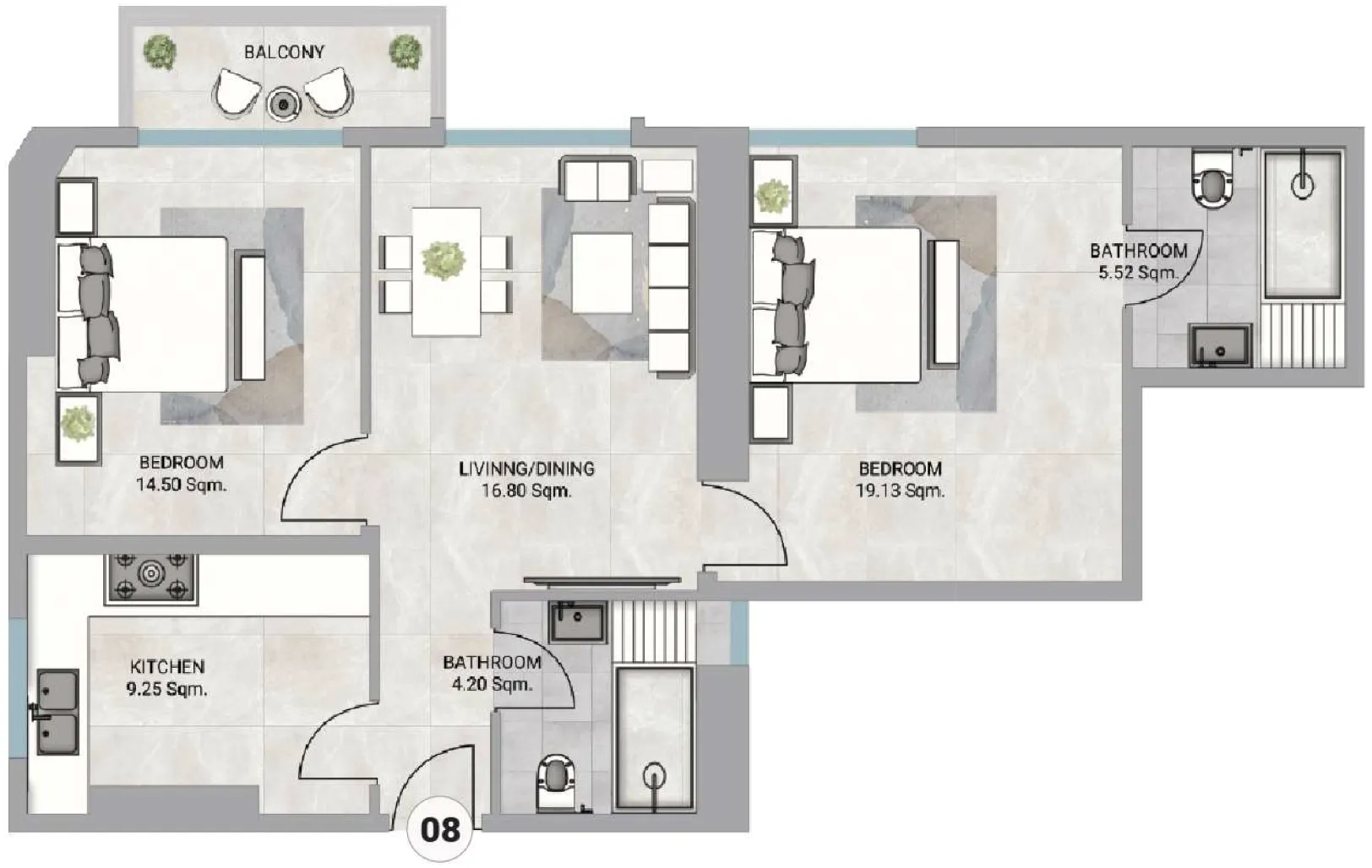 2 bedrooms floor plan