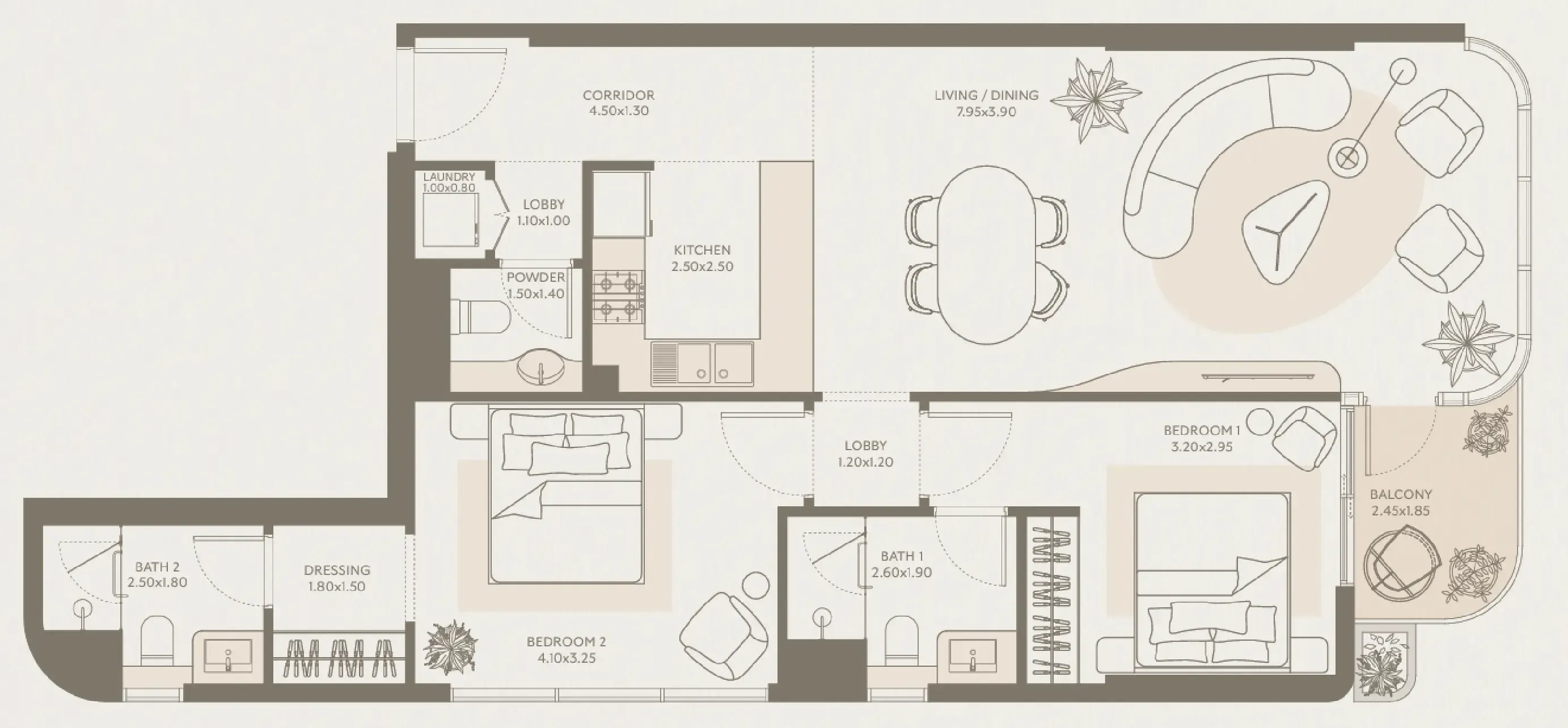 2 bedrooms floor plan