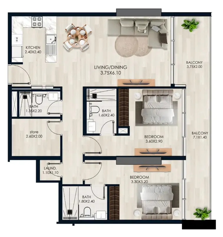 2 bedrooms floor plan