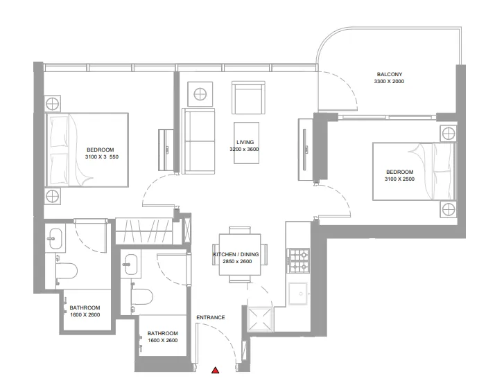 2 bedrooms floor plan