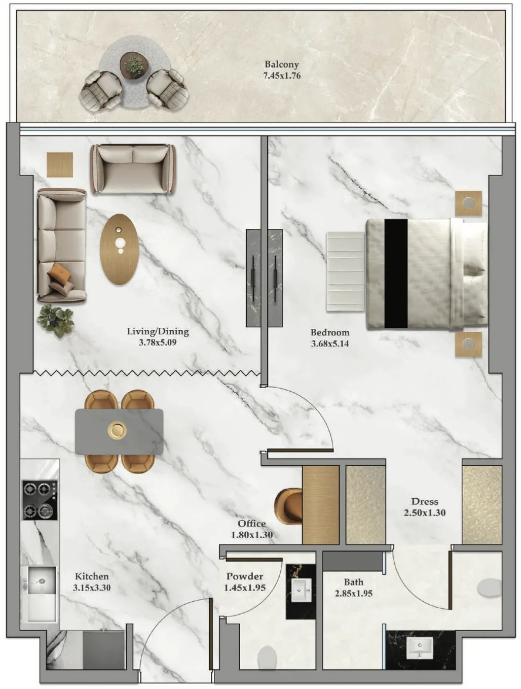 Danube Bayz 102 1BR floor plan