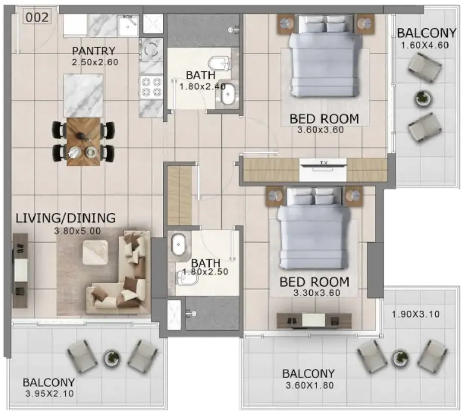 2 bedrooms floor plan