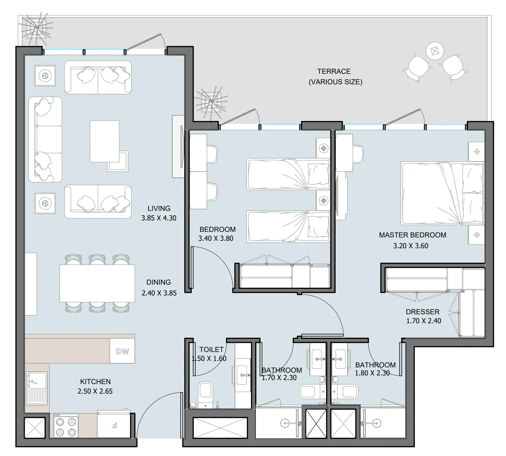 2 bedrooms floor plan