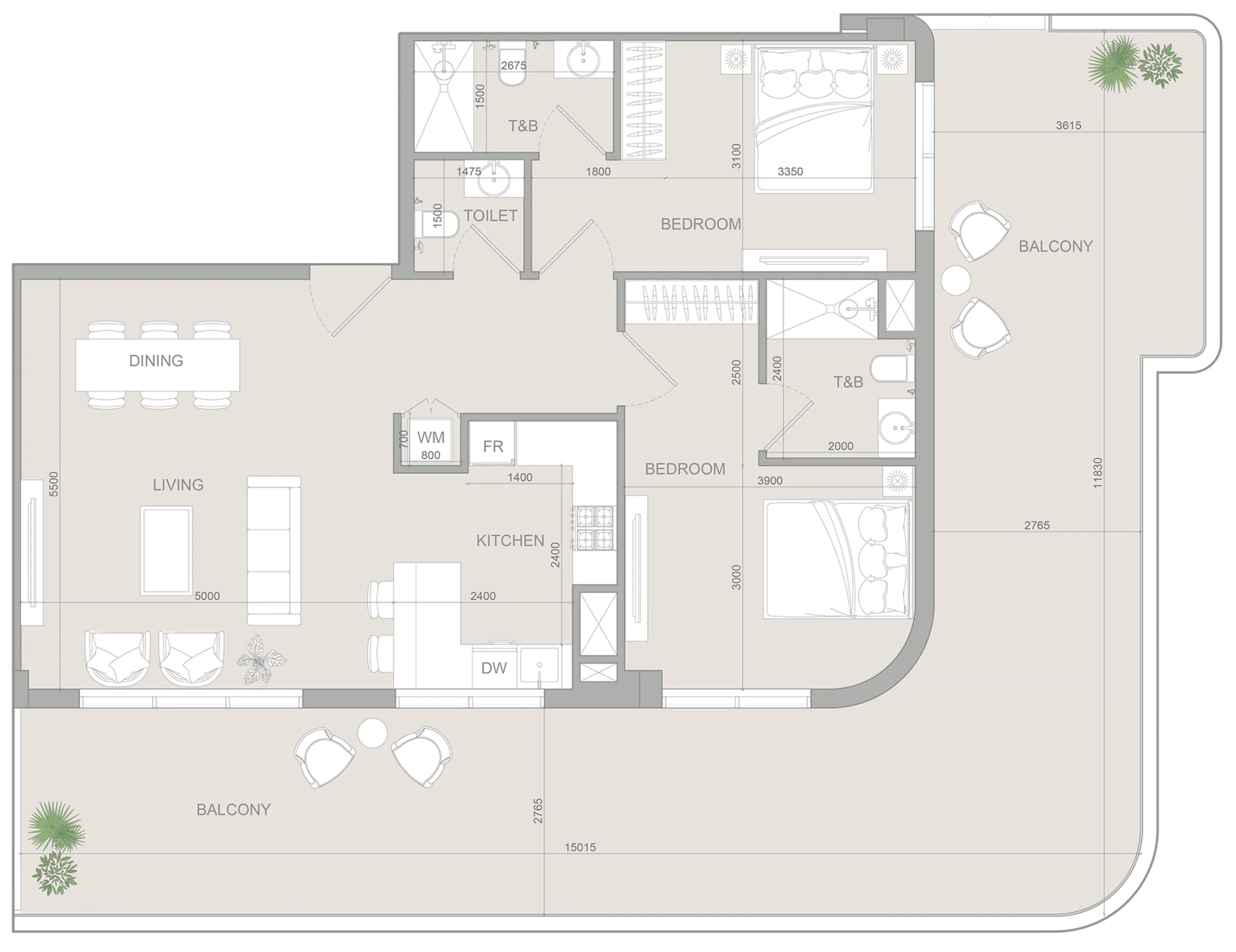 2 bedrooms floor plan