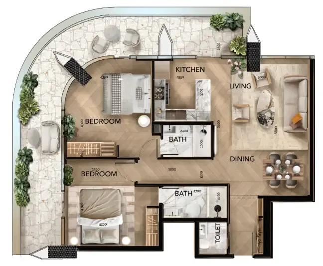 2 bedrooms floor plan