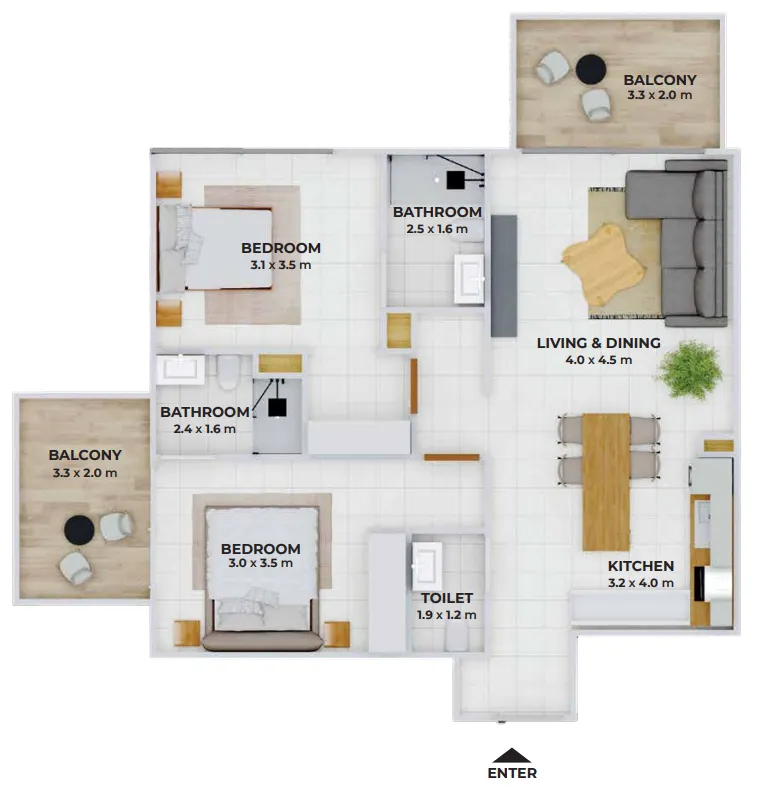 2 bedrooms floor plan