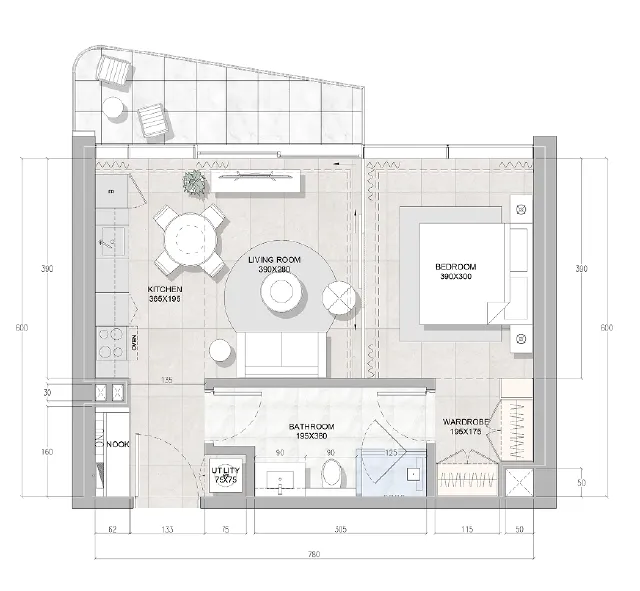 RAK Properties Solera Downtown Mina 1BR floor plan