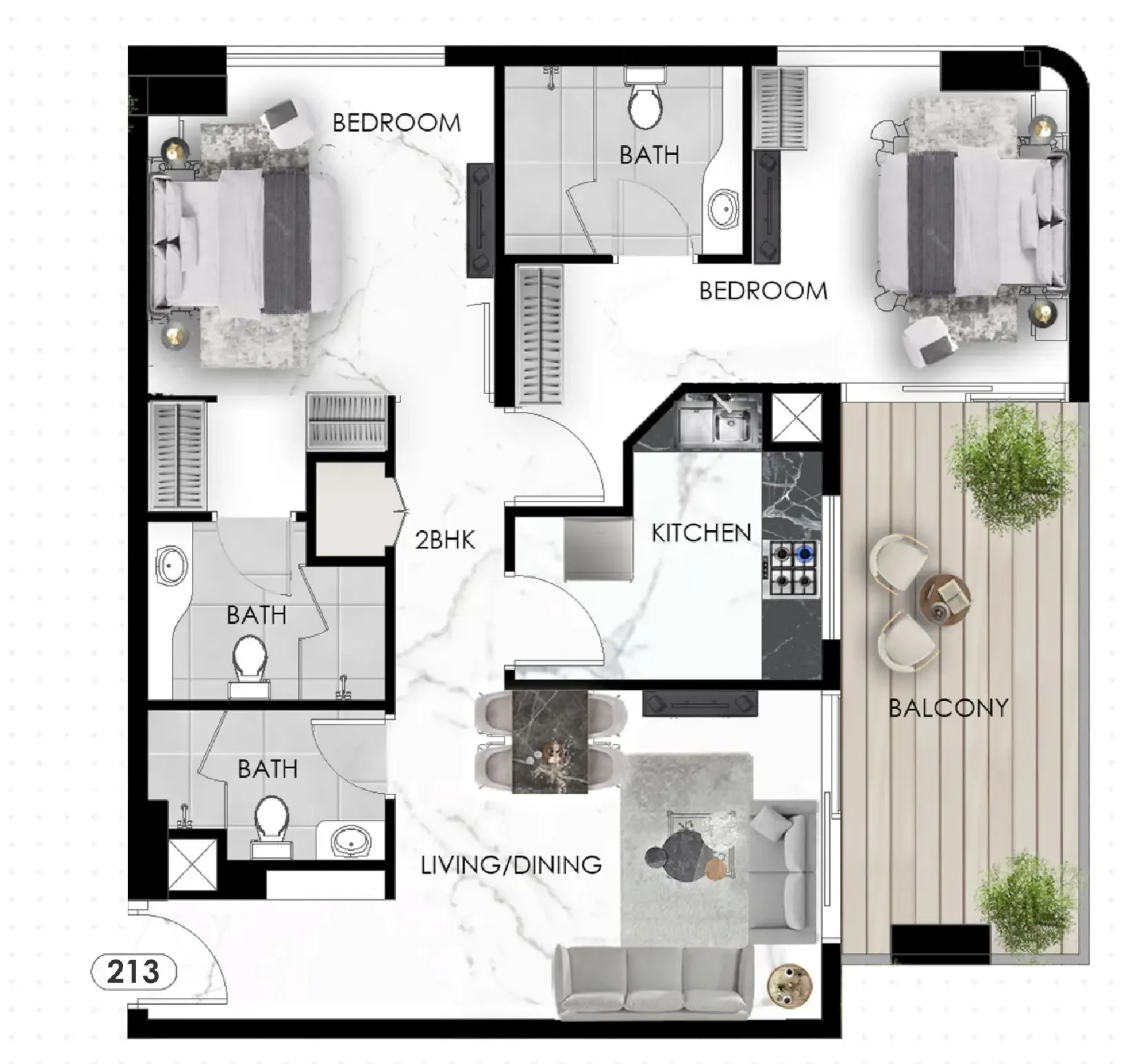 2 bedrooms floor plan