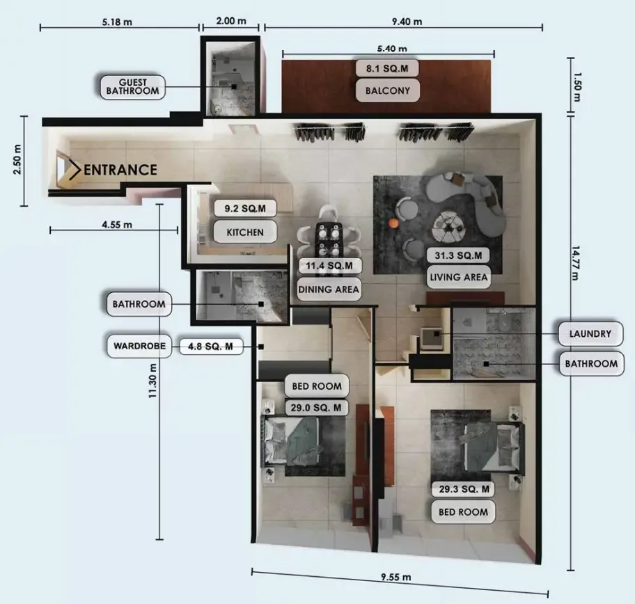 2 bedrooms floor plan