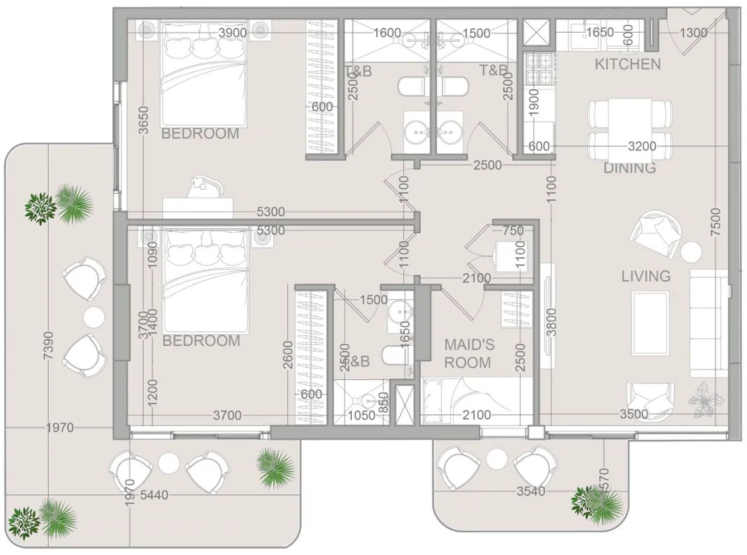 2 bedrooms floor plan