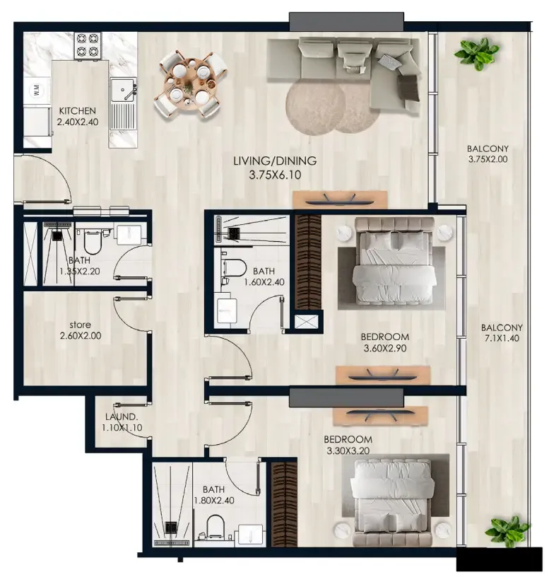 2 bedrooms floor plan
