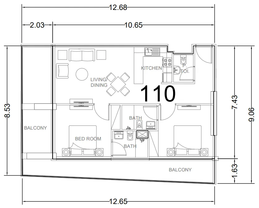 2 bedrooms floor plan