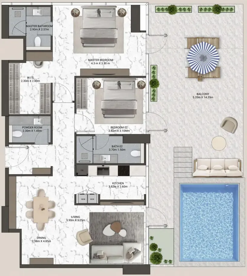 2 bedrooms floor plan