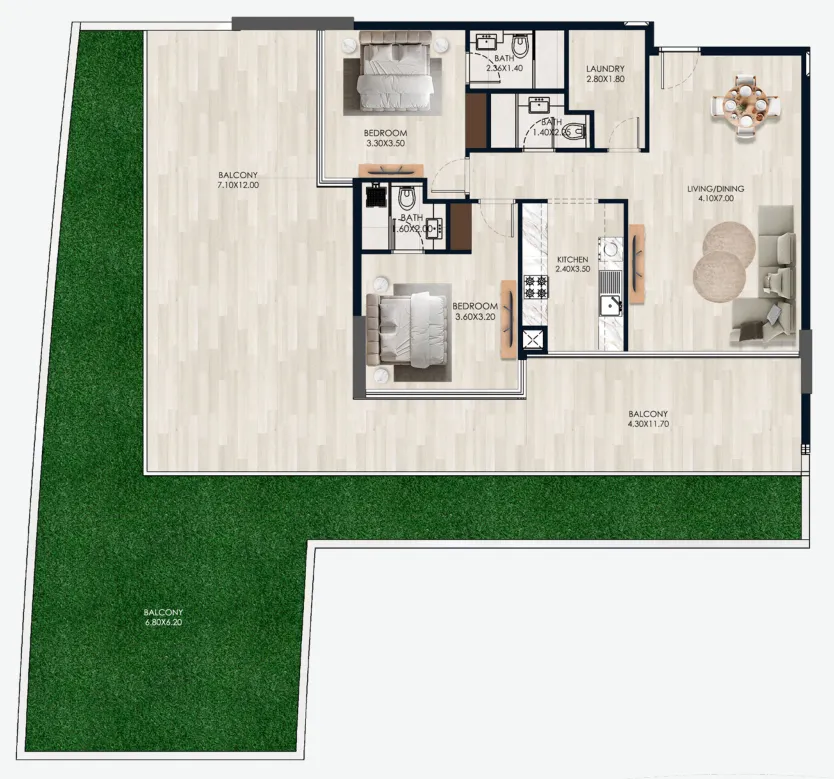 2 bedrooms floor plan