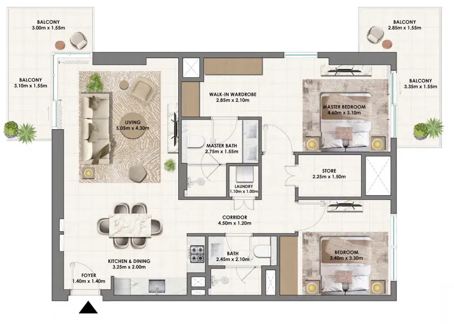 2 bedrooms floor plan