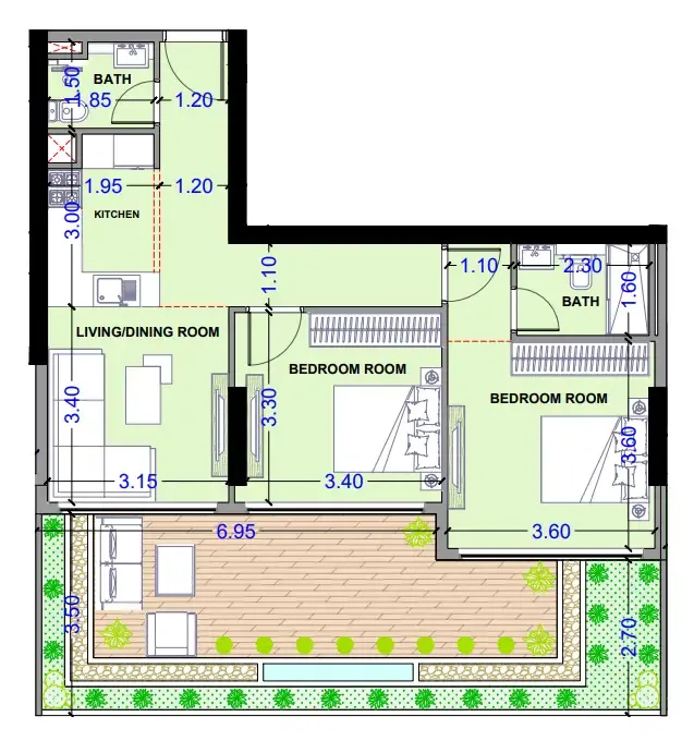 2 bedrooms floor plan