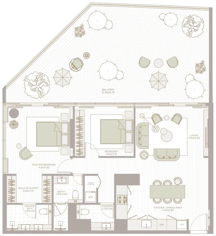 2 bedrooms floor plan