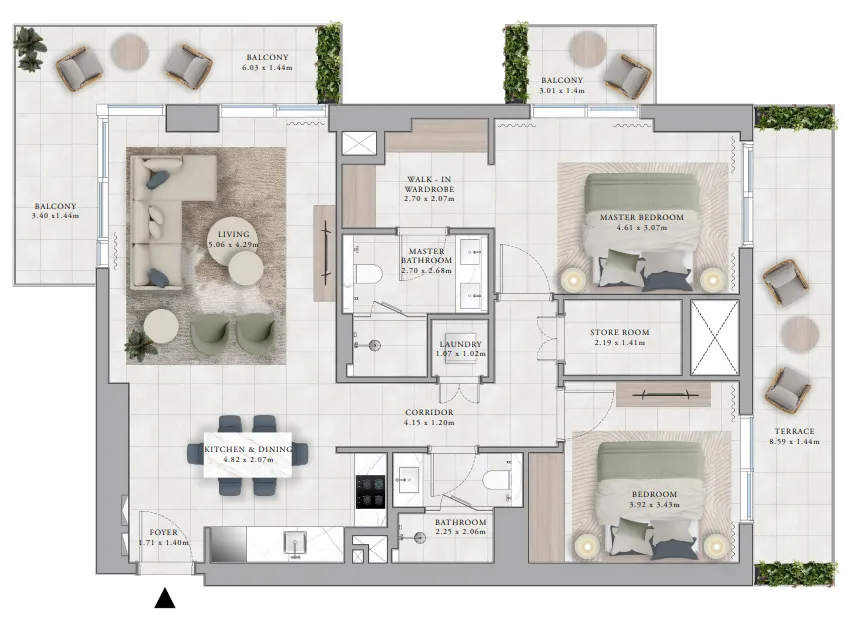 2 bedrooms floor plan