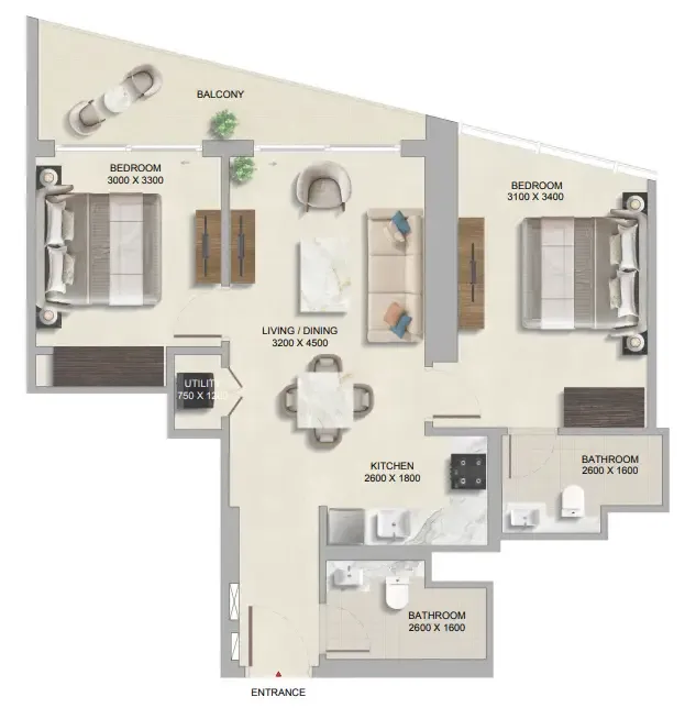 2 bedrooms floor plan
