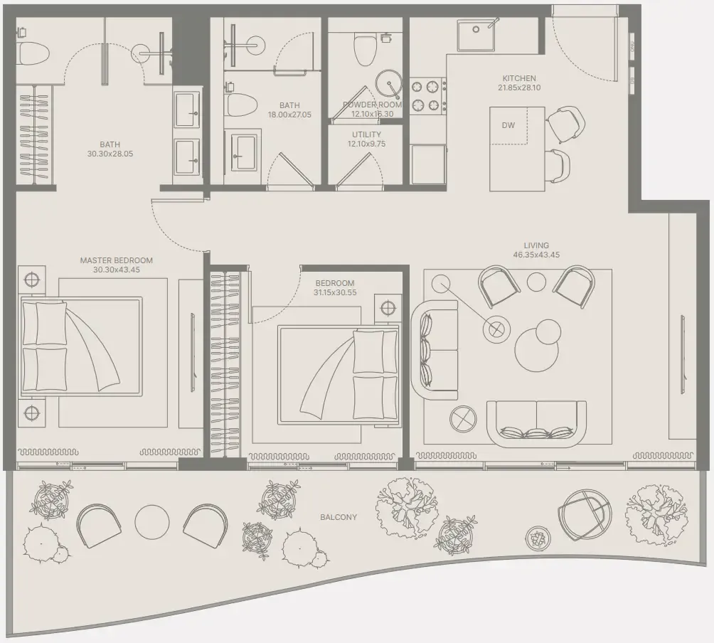 2 bedrooms floor plan
