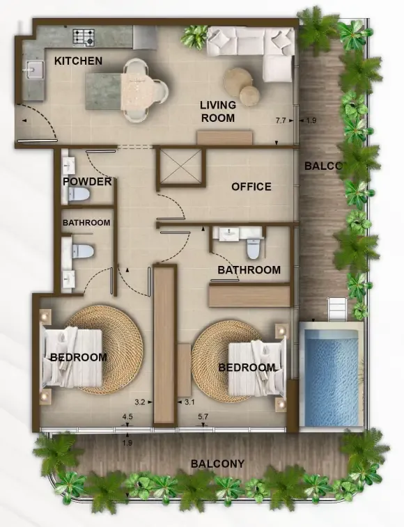 2 bedrooms floor plan