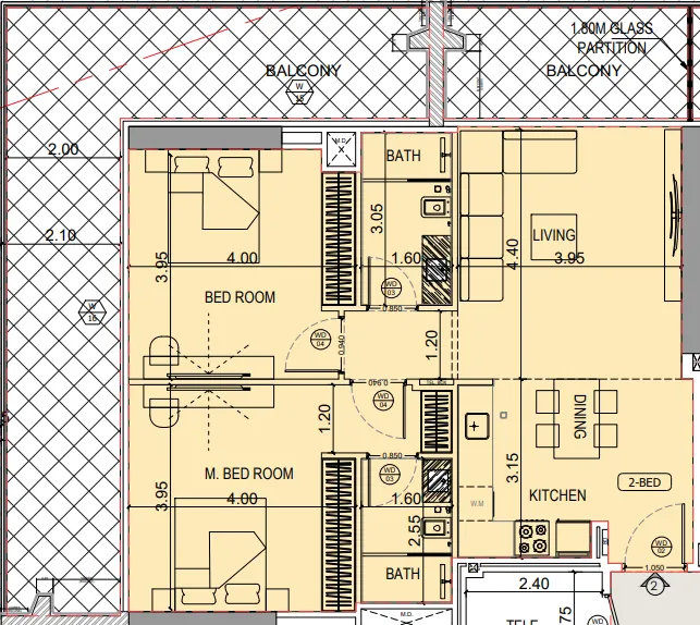 2 bedrooms floor plan