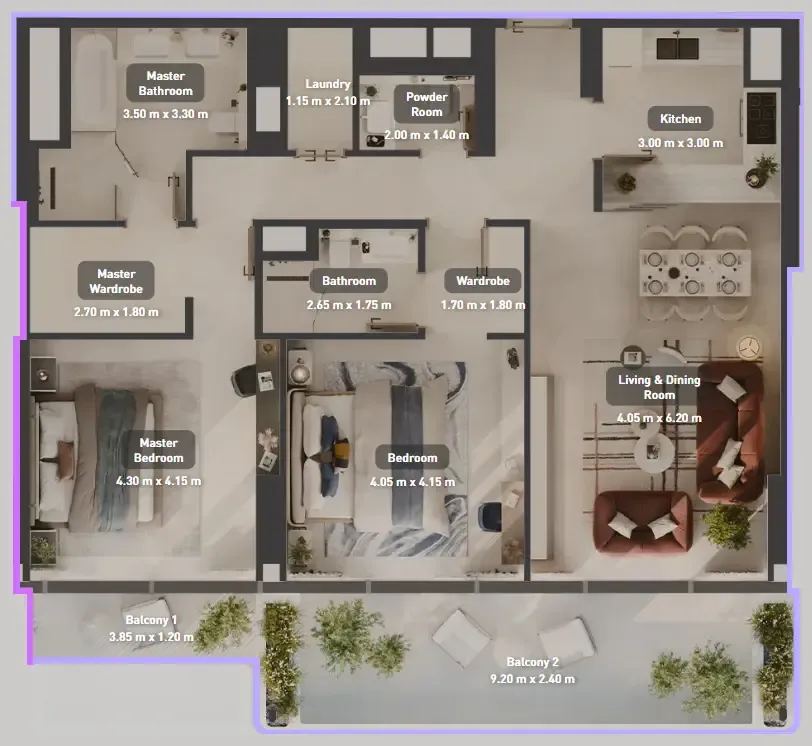 2 bedrooms floor plan