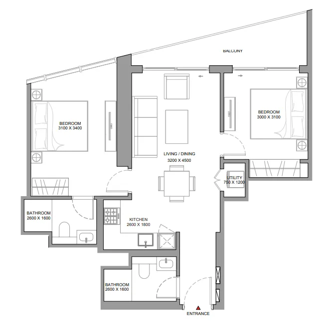 2 bedrooms floor plan