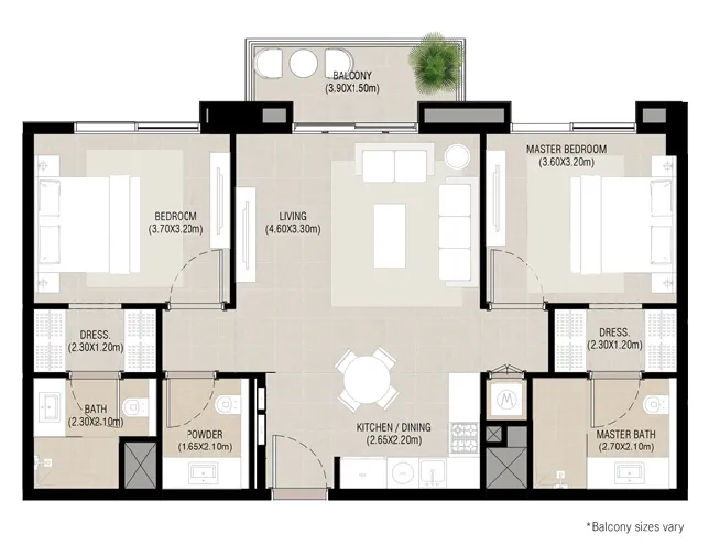 2 bedrooms floor plan