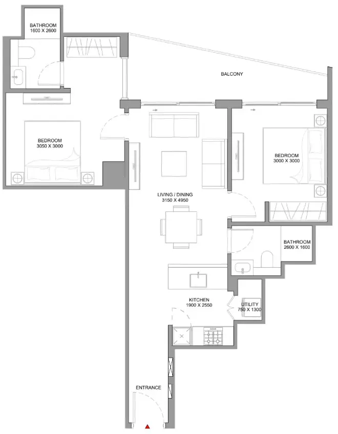 2 bedrooms floor plan