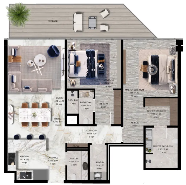 2 bedrooms floor plan