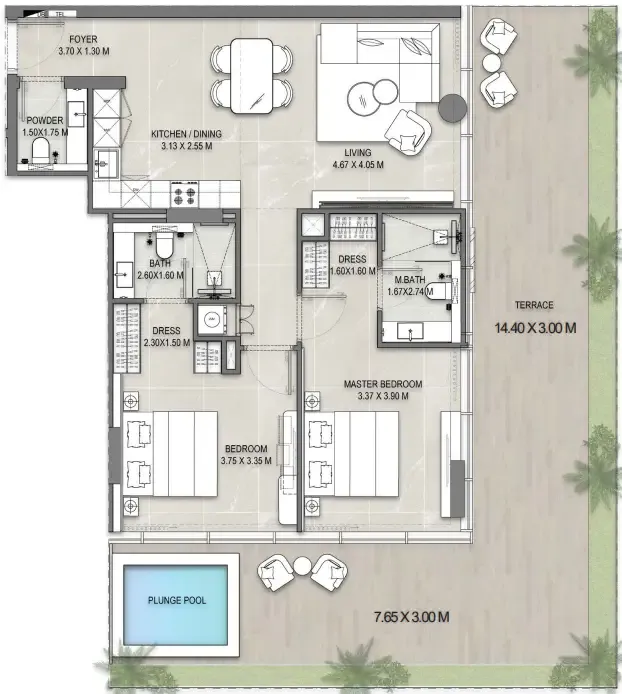 2 bedrooms floor plan