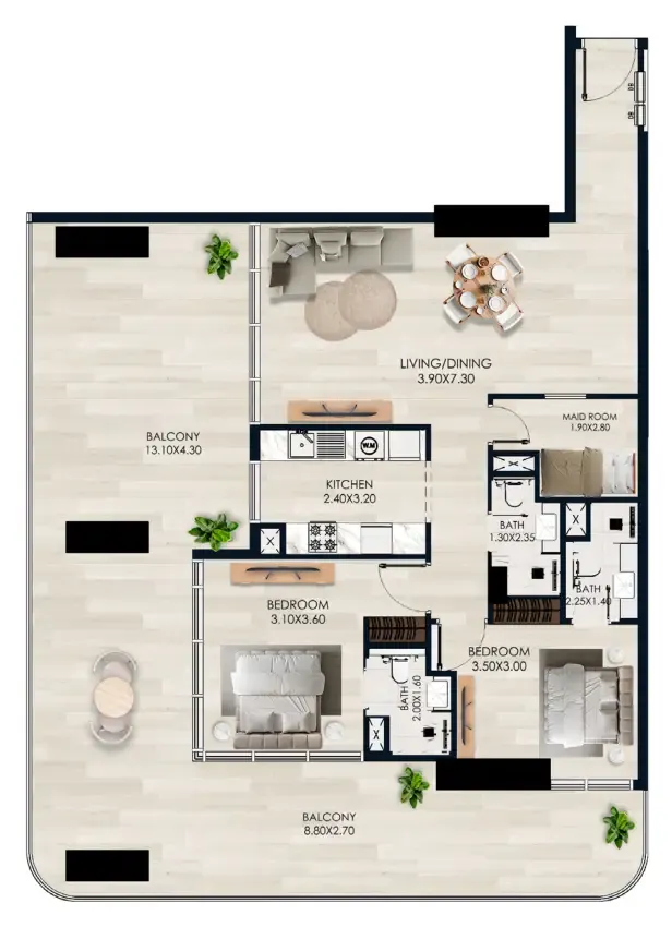 2 bedrooms floor plan