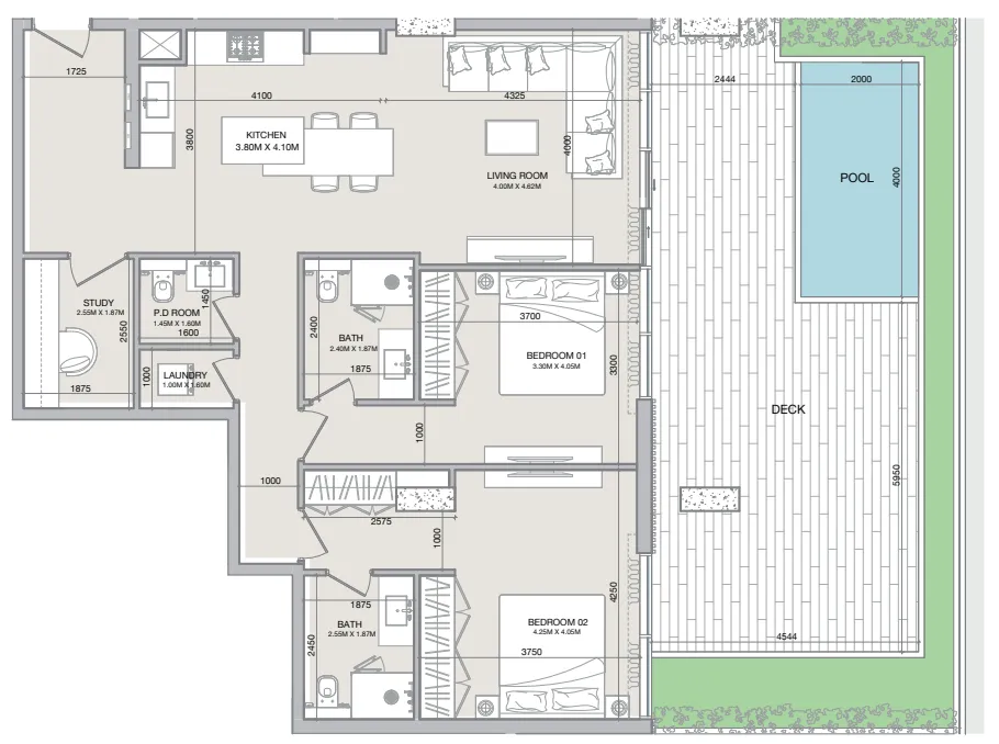 2 bedrooms floor plan
