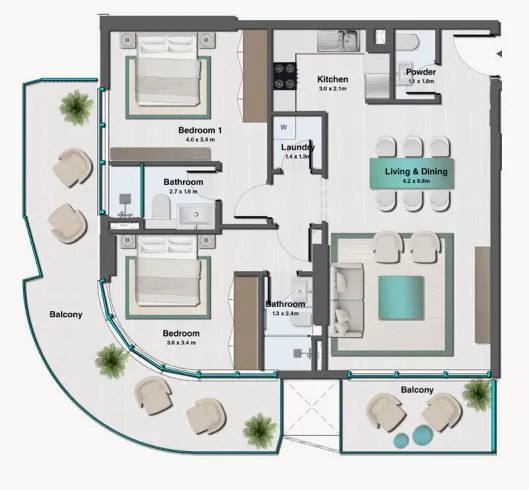 2 bedrooms floor plan
