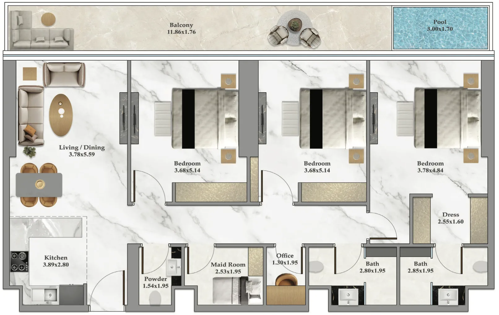 Danube Bayz 102 3BR floor plan