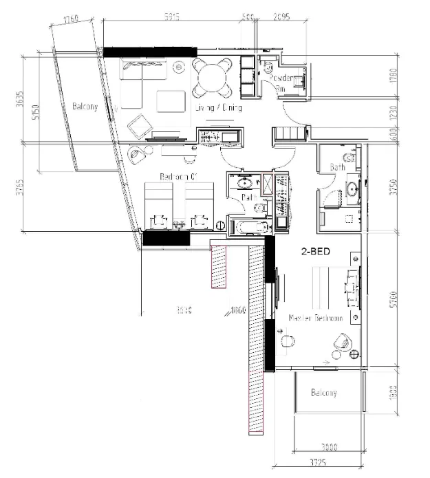 2 bedrooms floor plan
