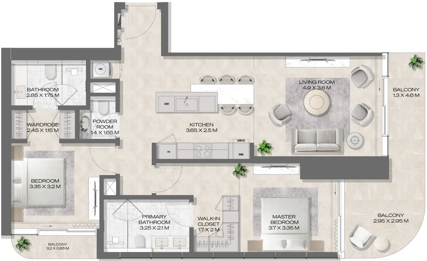 2 bedrooms floor plan