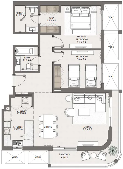 2 bedrooms floor plan