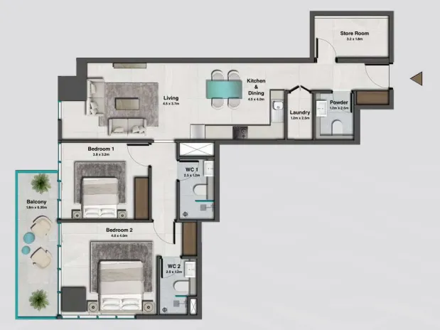 2 bedrooms floor plan