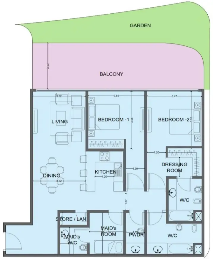 2 bedrooms floor plan