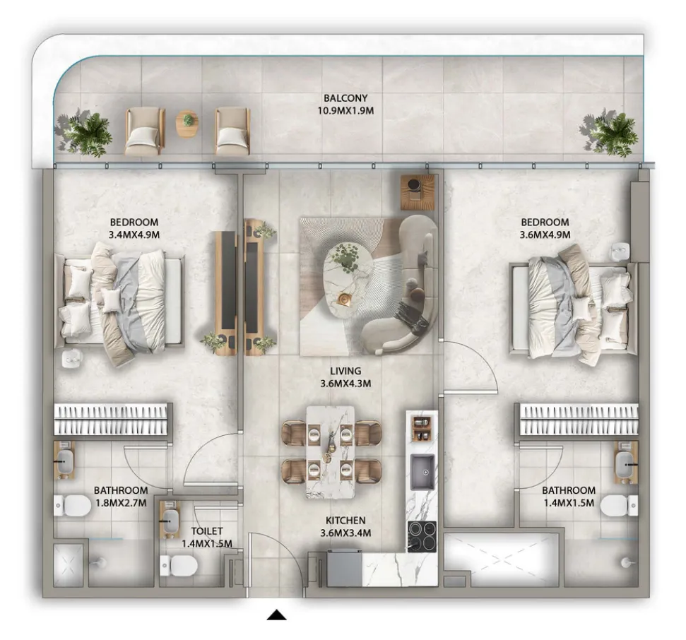 2 bedrooms floor plan
