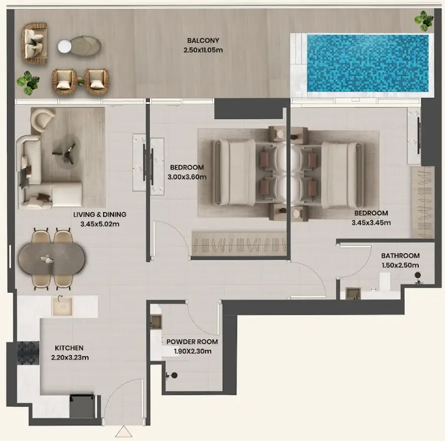 2 bedrooms floor plan