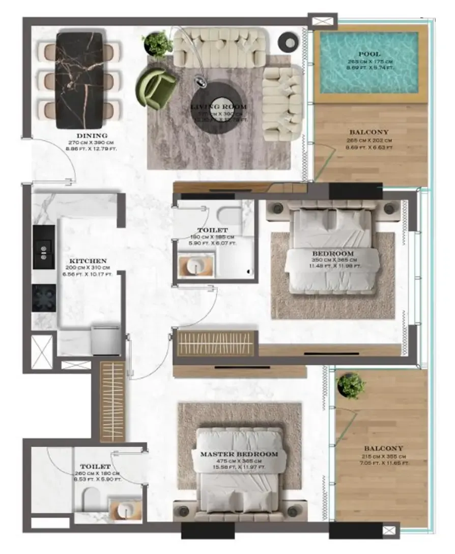 2 bedrooms floor plan