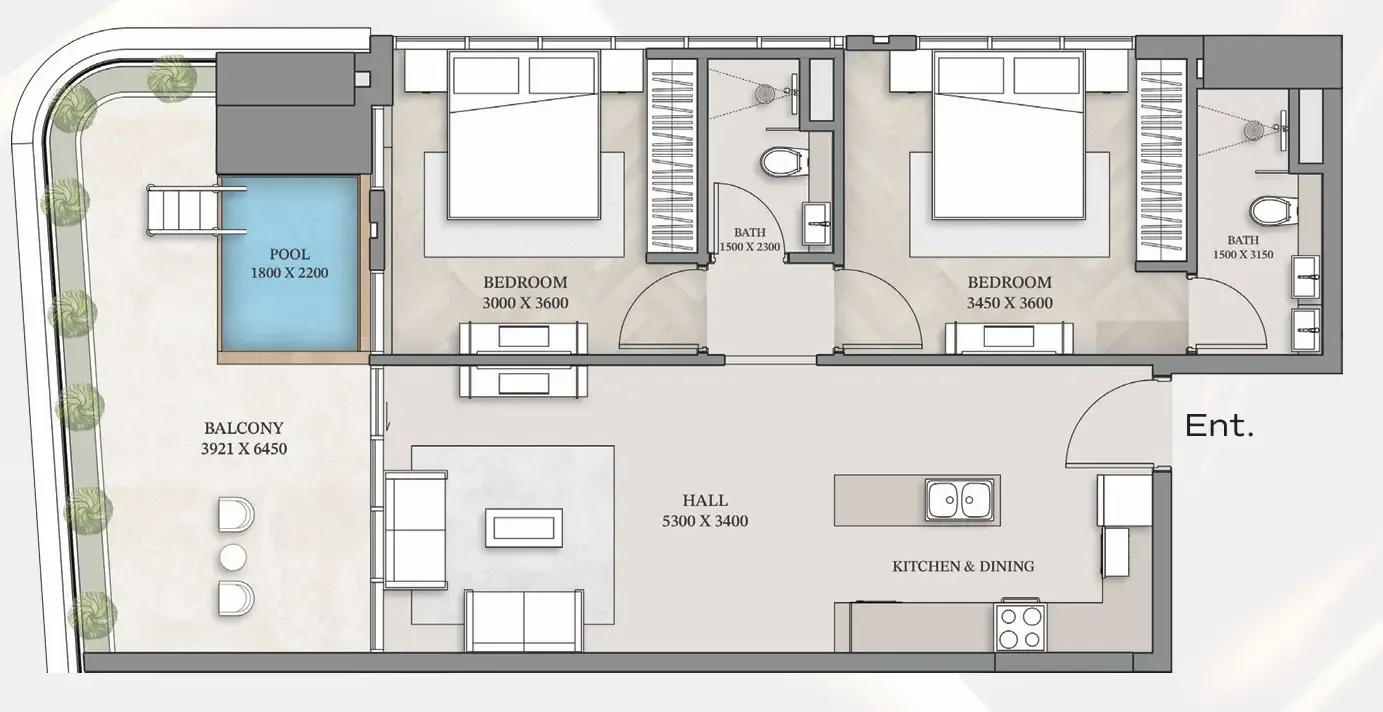 2 bedrooms floor plan