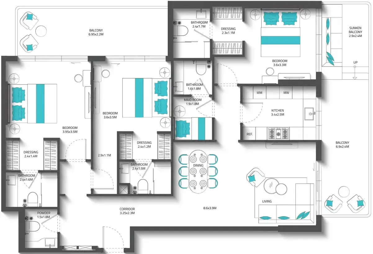 3 bedrooms floor plan