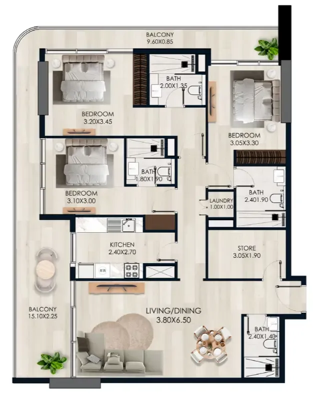3 bedrooms floor plan
